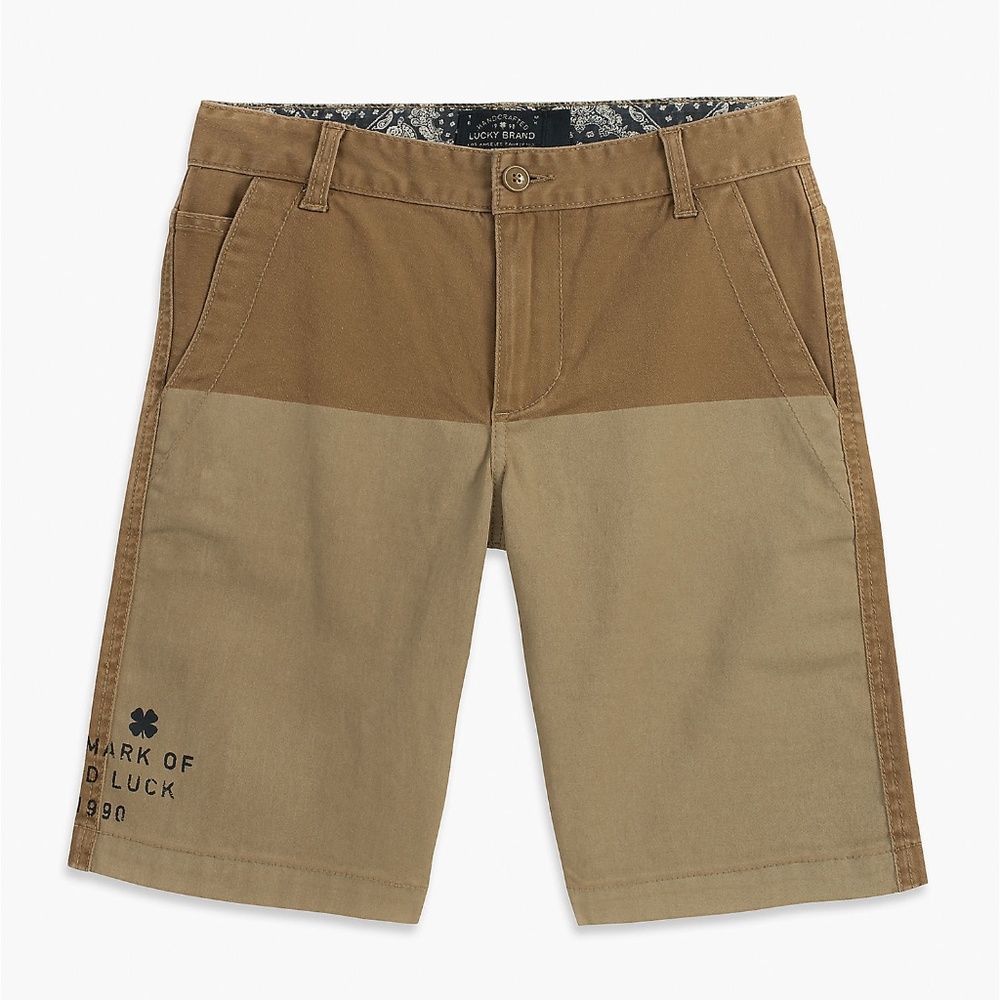 Lucky Brand Boys Twill Color Block Shorts Tonal‎ Stretch Khaki Logo 8 10 NWT